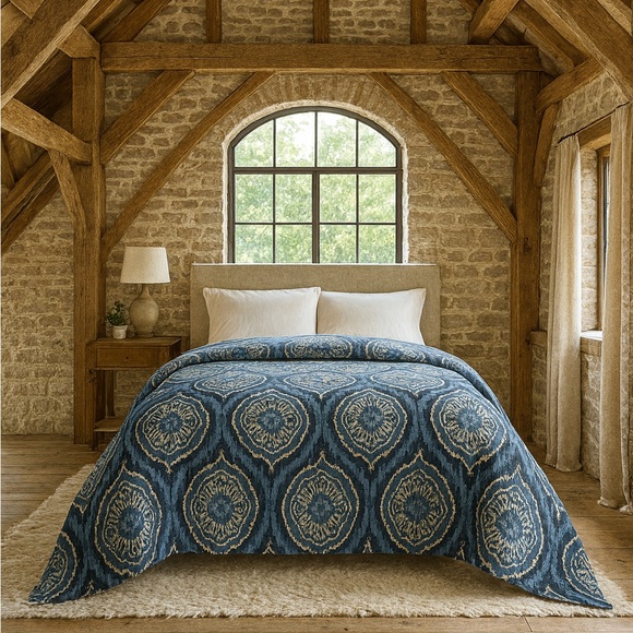 King Custom Linen Duvet Blue Medallion & Cream Back (96”x 108") - Picture 1 of 14